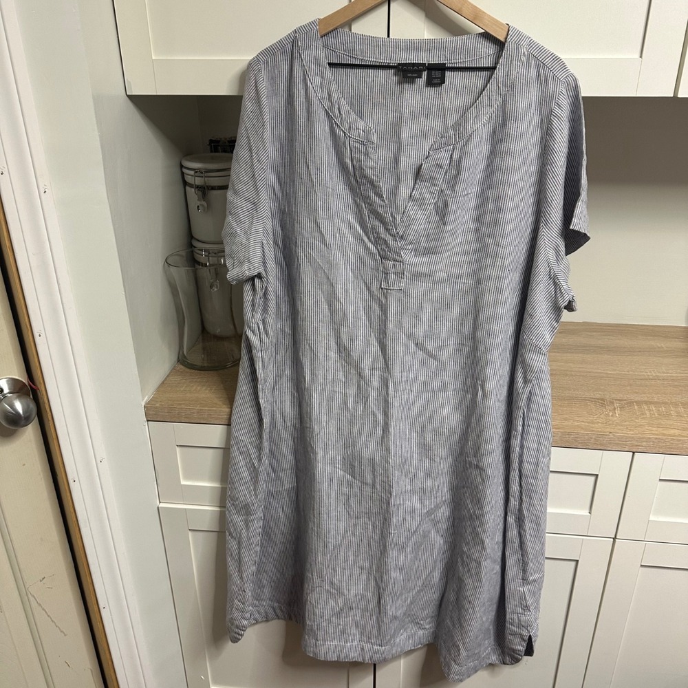 Tahari Linen Shift Dress Women 2X Blue White Striped V-Neck Short Sleeve Coastal